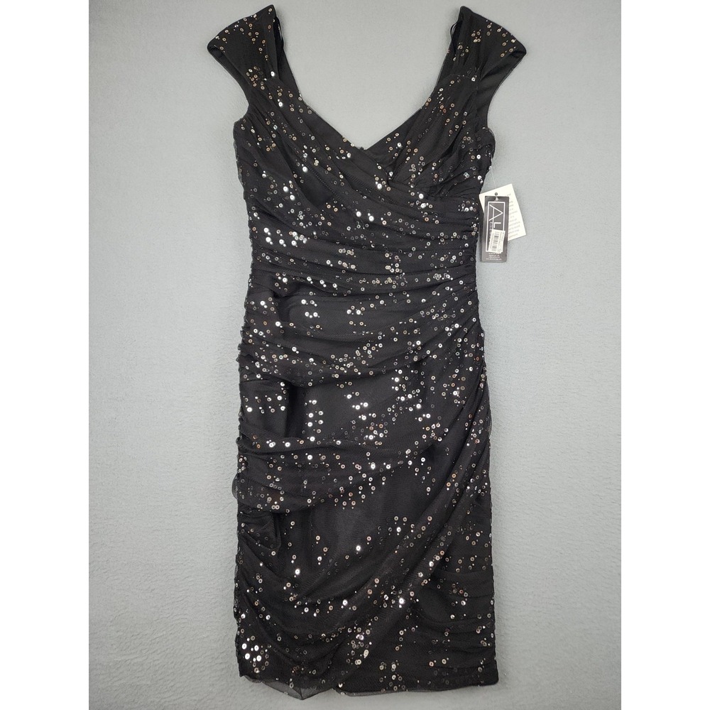 Alex Evenings Dress Womens 4 Black Sequin Ruched Sheath V Neck Party Cocktail